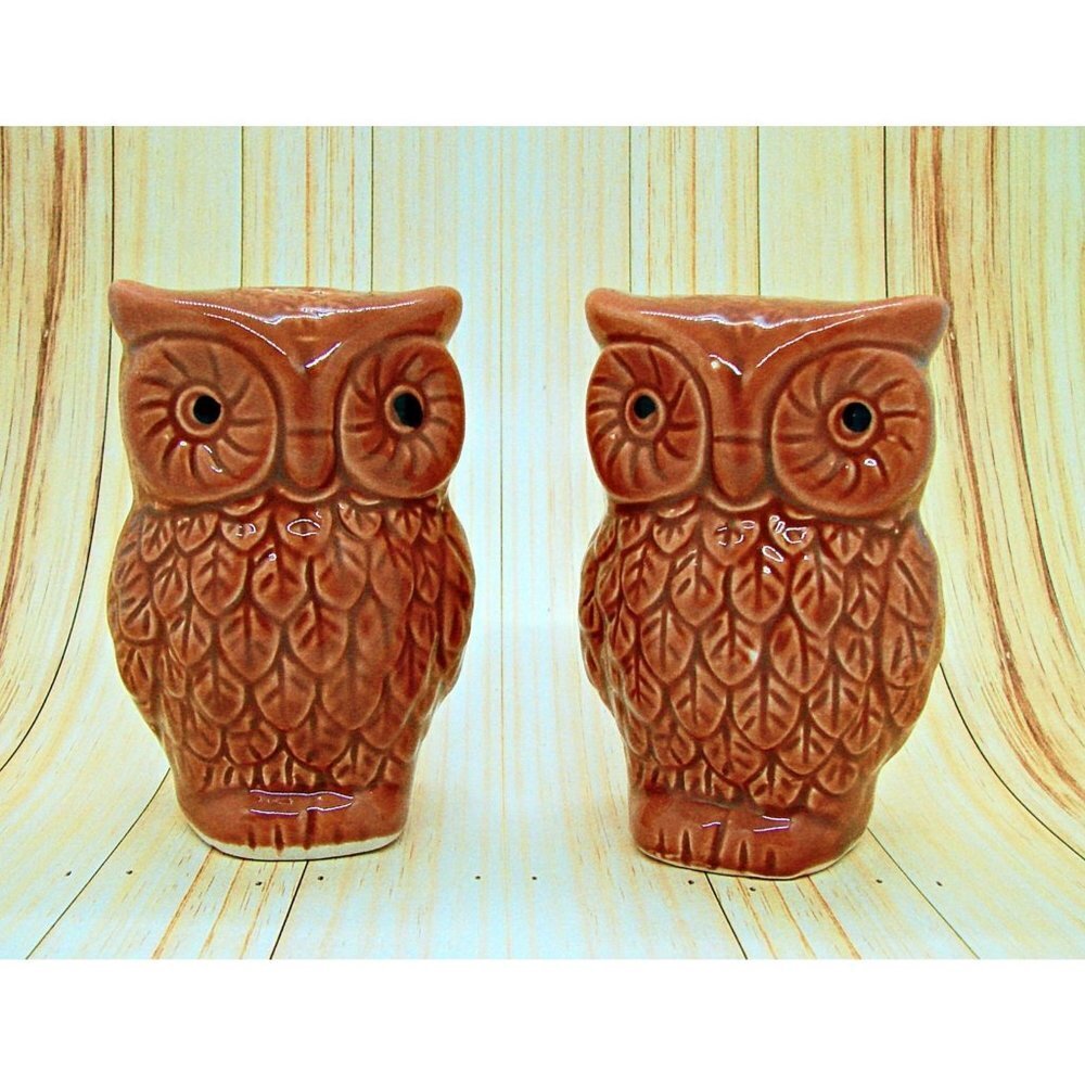 Unbranded Vintage Style Big Eyed Brown Owl Ceramic Salt & Pepper Shakers NWOT